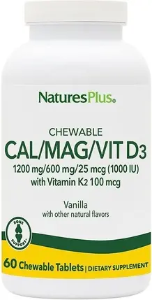 Биологически активная добавка Nature's Plus для здоровья костей, жевательные таблетки с Кальцием/Магнием/ВИТ D3 и витамином K2