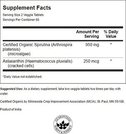 Вегетарианские таблетки Swanson Organic Spirulina & Astaxanthin