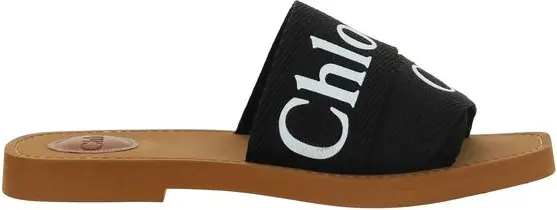 Black Linen Flat Sandals by Chloe
