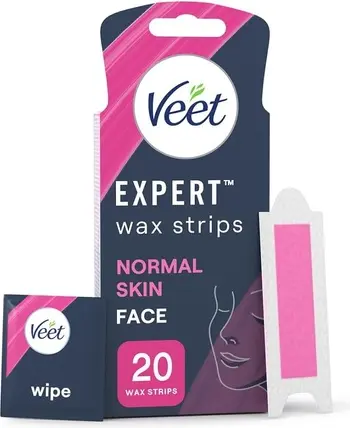 Эпиляционные полоски Veet Expert, холодный воск, для удаления волос на лице, для нормальной кожи, 20 полосок, 4 салфетки для завершающего ухода с маслом ши