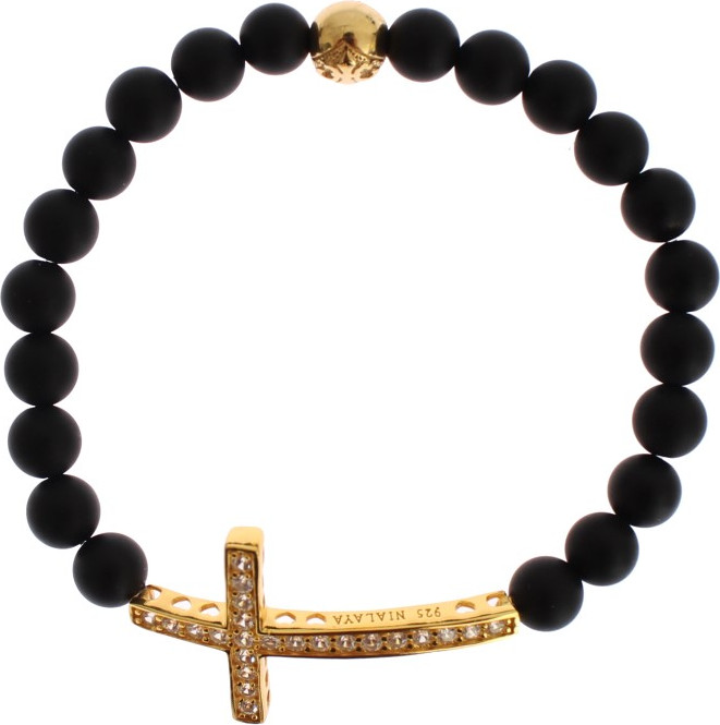 Браслет Nialaya Jewelry Шикарный из матового оникса и фианитов в форме креста