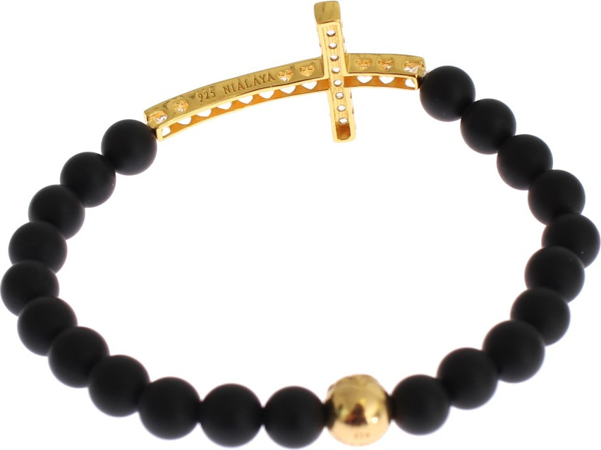 Браслет Nialaya Jewelry Шикарный из матового оникса и фианитов в форме креста