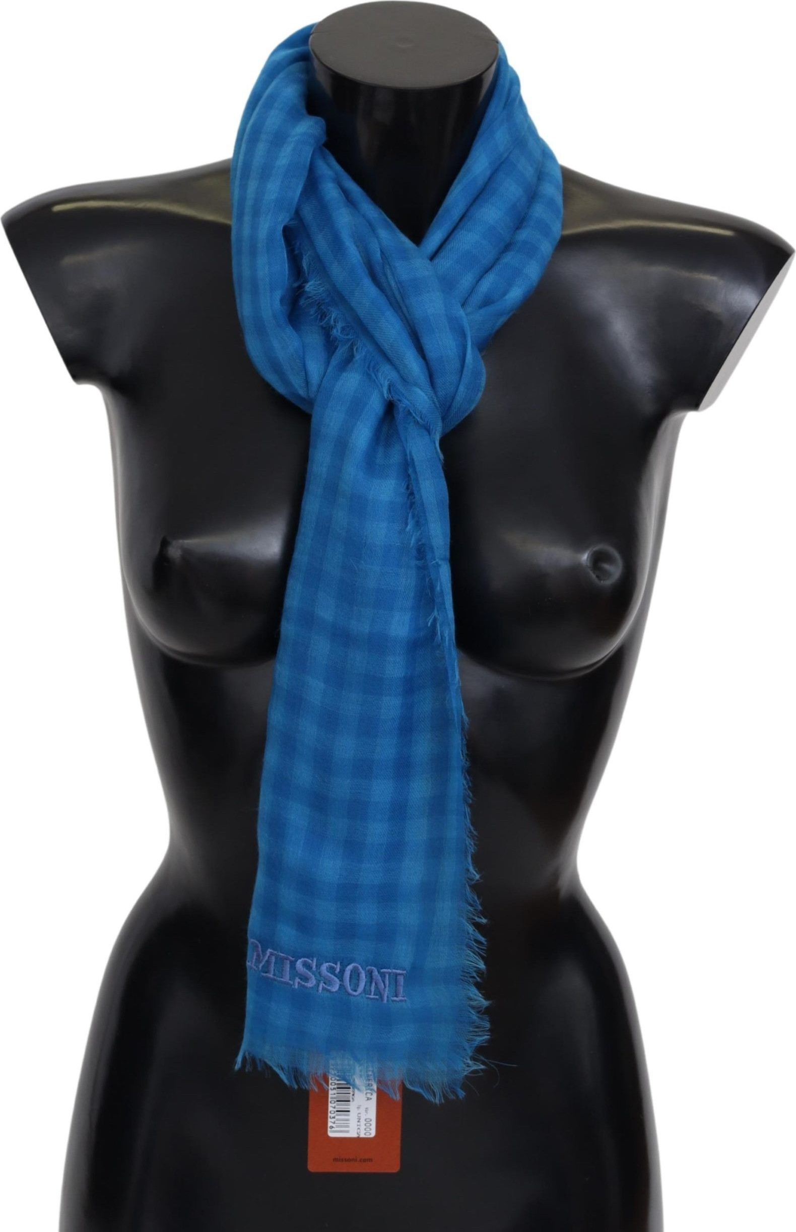 Шарф Missoni Голубая Клетчатая Кашемировый Унисекс Накидка с Бахромой