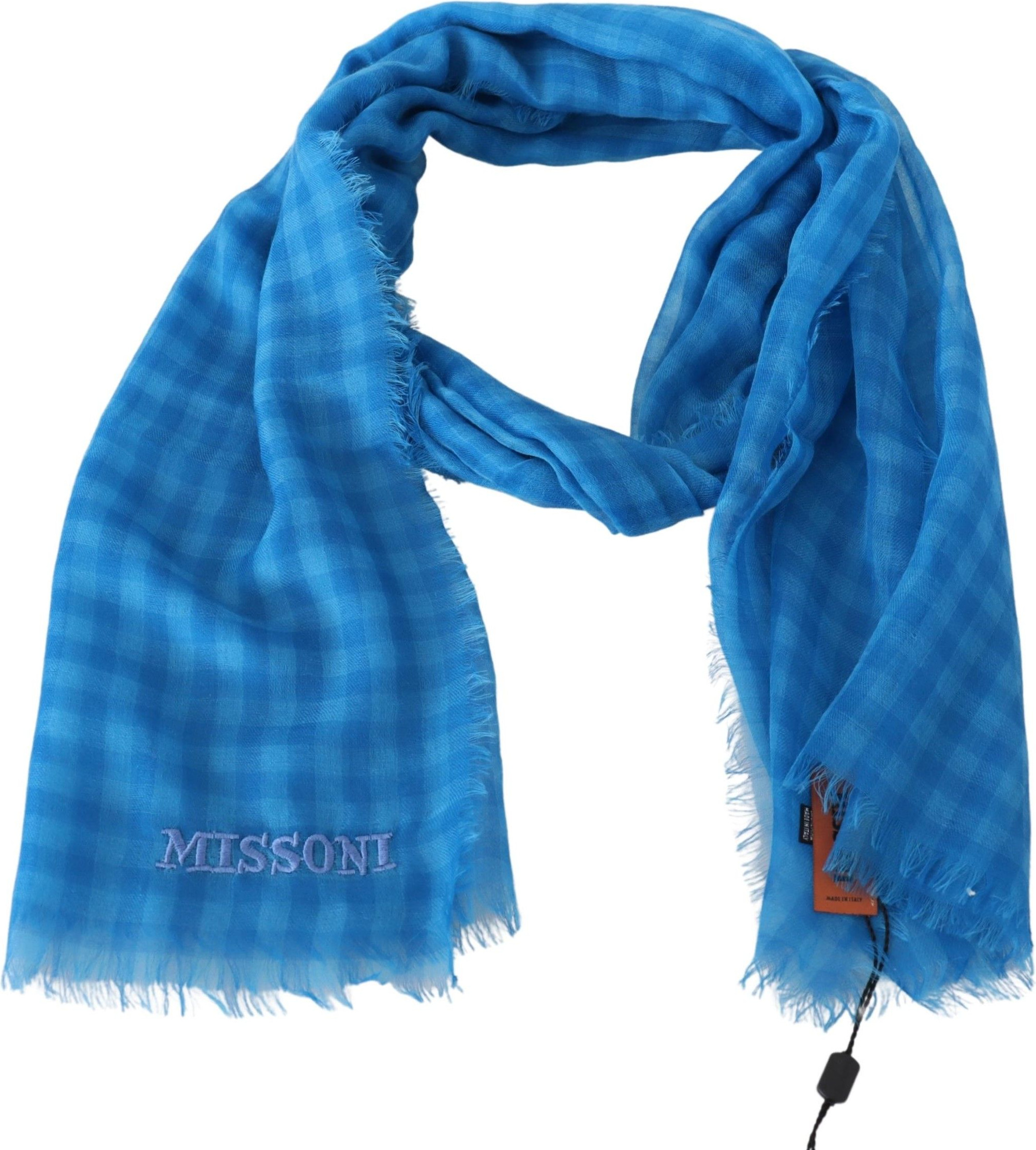 Шарф Missoni Голубая Клетчатая Кашемировый Унисекс Накидка с Бахромой