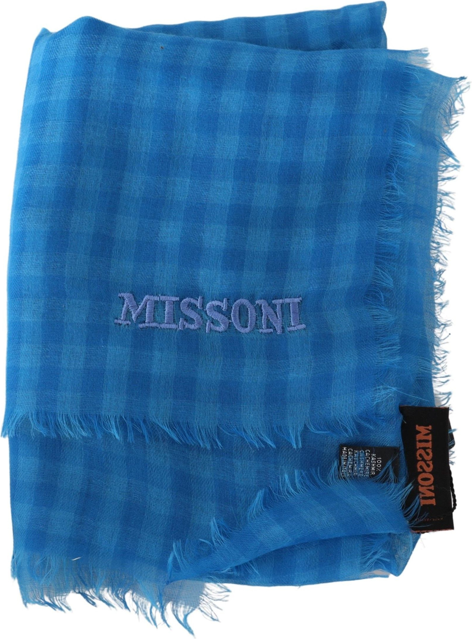 Шарф Missoni Голубая Клетчатая Кашемировый Унисекс Накидка с Бахромой