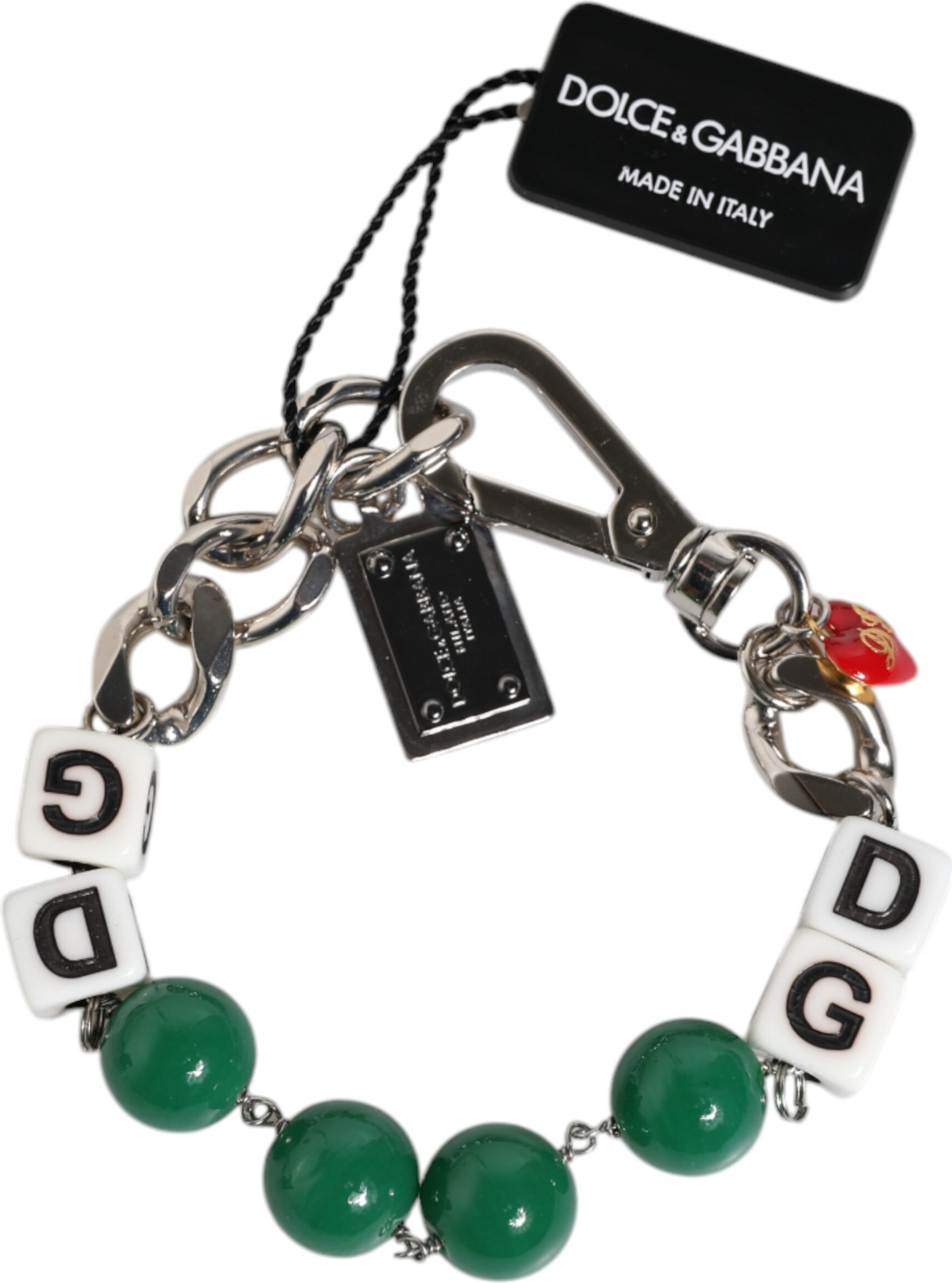 Браслет Dolce & Gabbana из латуни серебристого тона с бусинами, украшениями в виде костей и подвеской с логотипом