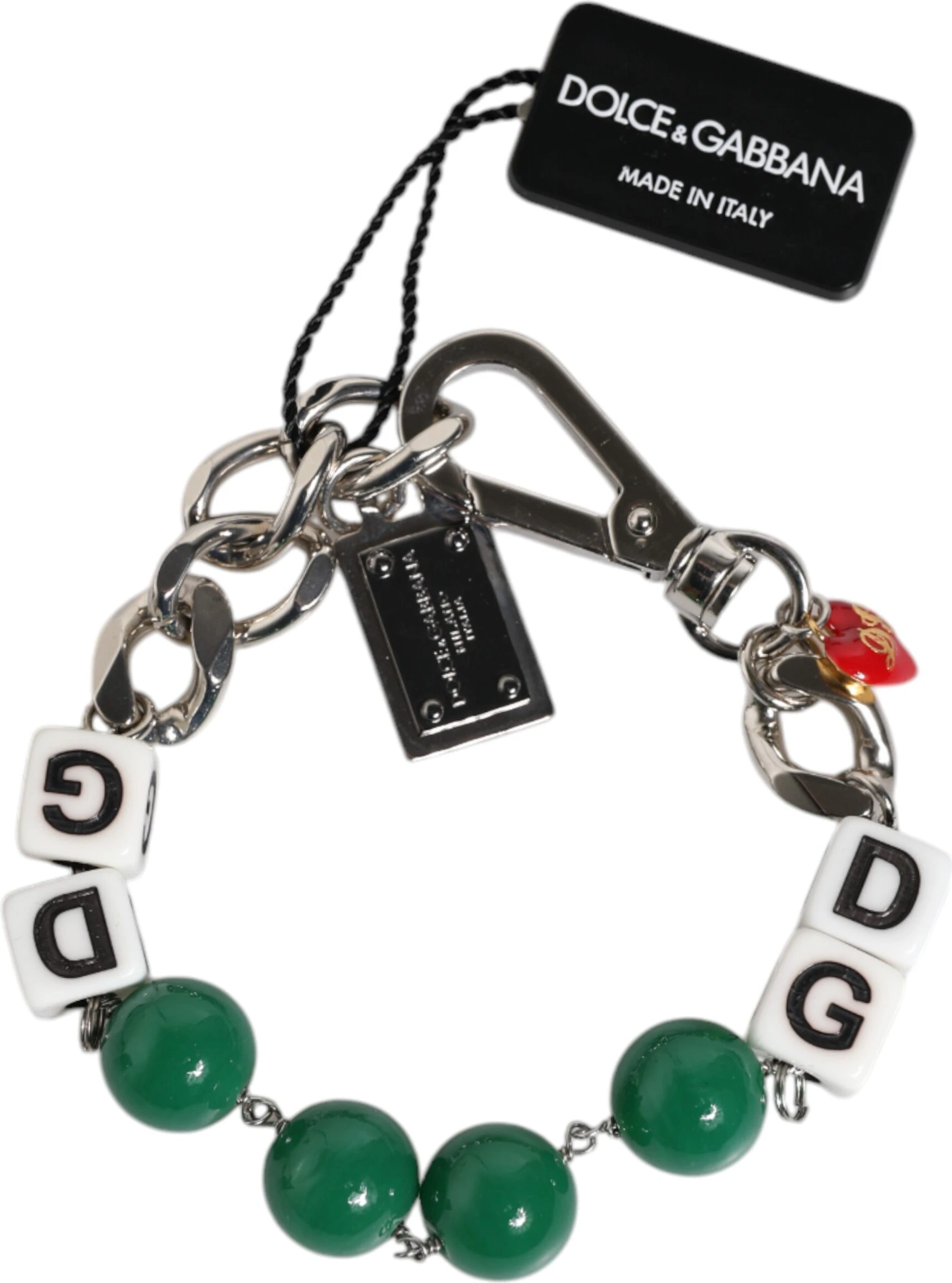 Браслет Dolce & Gabbana из латуни серебристого тона с бусинами, украшениями в виде костей и подвеской с логотипом