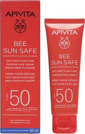Защитный крем для лица с солнцезащитным фактором Apivita Bee Sun Safe против пигментных пятен и против старения SPF 50