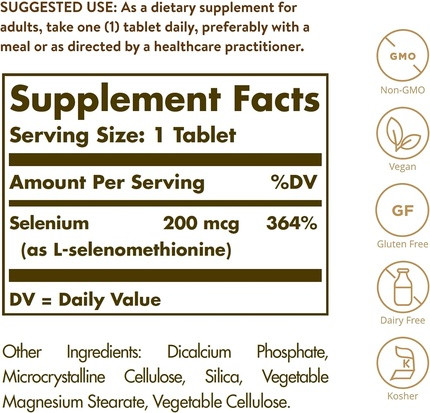 Минеральные таблетки Solgar Selenium Yeast Free Здоровые волосы и ногти Поддерживает метаболизм Важный минерал