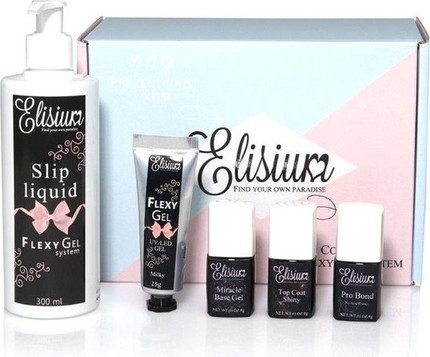 Гель-стартовый набор Elysium Flexy Gel Pro Bond + Miracle Base Gel + Top Coat Shiny + Slip Liquid + Gel Milky