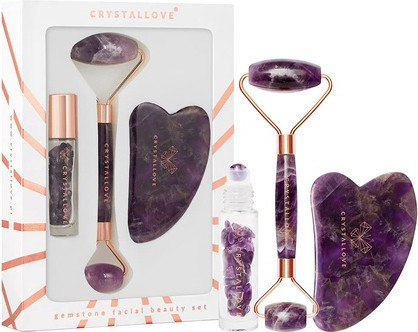 Набор для массажа лица Crystalove Аметистовый набор для массажа лица с камнем гуаша и масляными кристаллами