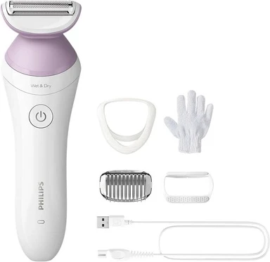 Бритва Philips Lady Shaver Series 6000 Беспроводная для влажного и сухого бритья с 4 насадками Перчатка для пилинга тела Насадка-расческа