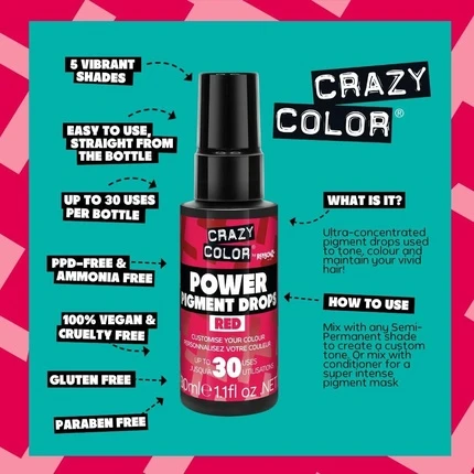 Полуперманентная краска Crazy Color Red Power Pigments, ультраконцентрированный, для тонирования, полуперманентная краска, веганская формула