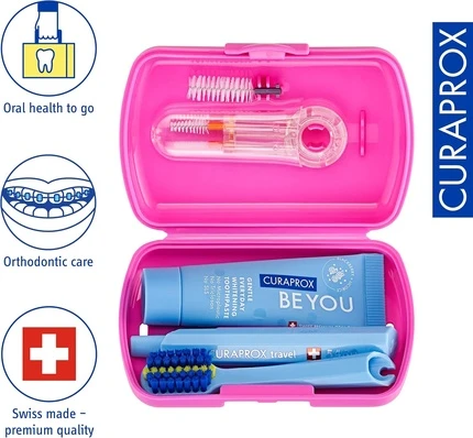 Набор для путешествий Curaprox Curaprox Ortho Pink с дорожной зубной щеткой, межзубным ершиком и зубной пастой