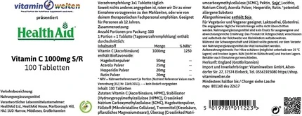 Таблетки Health Aid Витамин C 1000мг с продленным высвобождением, веганские