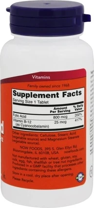 Таблетки Now Foods Фолиевая кислота с витамином B-12