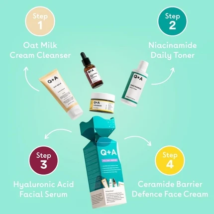 Наборы для ухода за лицом Qasimi Q+A Holiday Heroes Skincare Giftset 4-ступенчатый набор с очищающим средством на основе овсяного молока