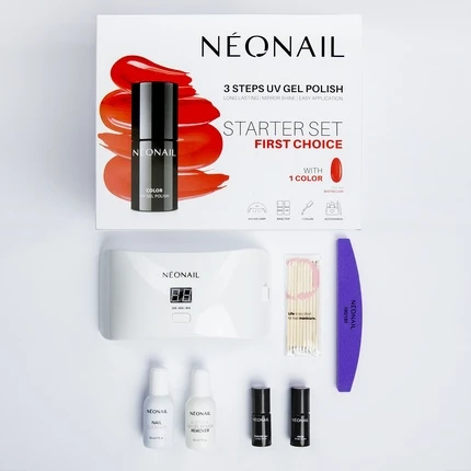 Набор лаков для ногтей Neonail First Choice Set с LED-лампой 12 Вт, базой 2-в-1, сушка-топ, УФ-лак Sexy Red, очиститель для ногтей, ацетон и пилочка