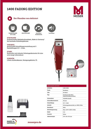 Машинка для стрижки Moser ProfiLine 1400 Fading Edition Bordeaux