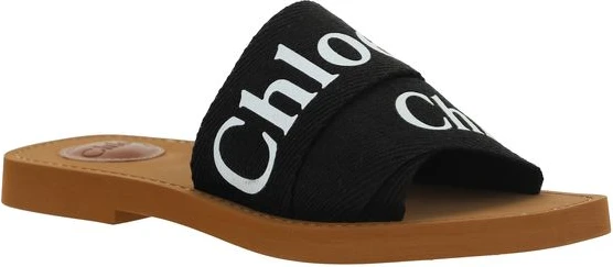 Black Linen Flat Sandals by Chloe